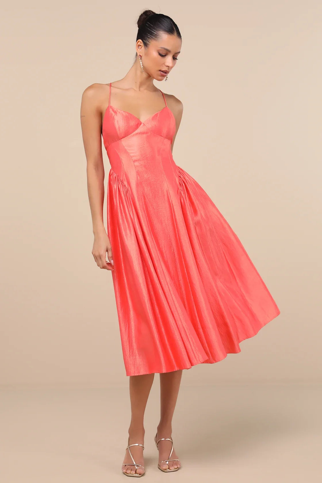 Paride Shiny Coral Gathered Lace-Up Midi Dress