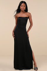 Extraordinary Presence Rust Brown Satin Strapless Maxi Dress
