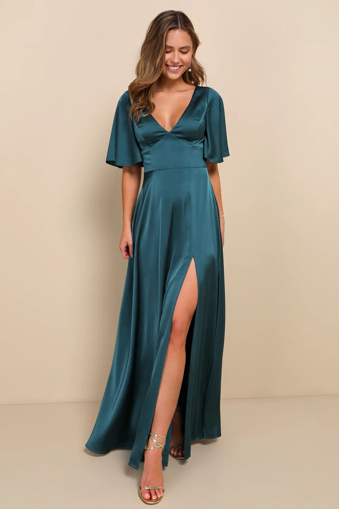 Elegant Confidence Navy Satin Flutter Sleeve Cutout Maxi Dress