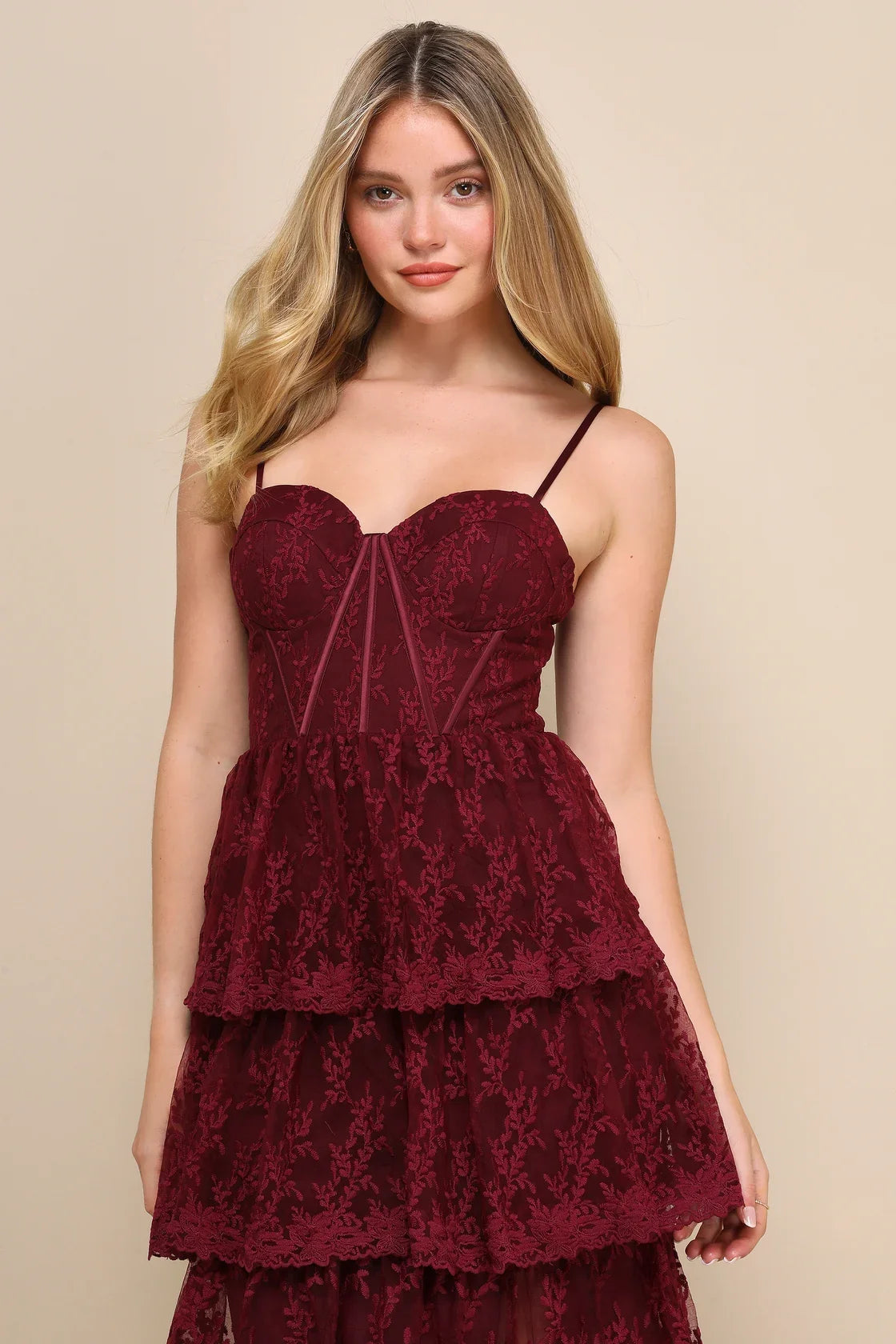 Exceptional Persona Wine Red Lace Tiered Bustier Midi Dress