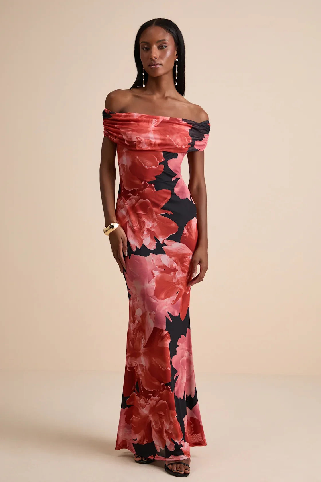 Dunia Black Floral Print Mesh Off-the-Shoulder Maxi Dress