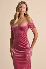 Glorious Celebration Pink Velvet Off-the-Shoulder Maxi Dress