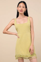 Feel the Sunshine Chartreuse Linen Tassel Mini Dress