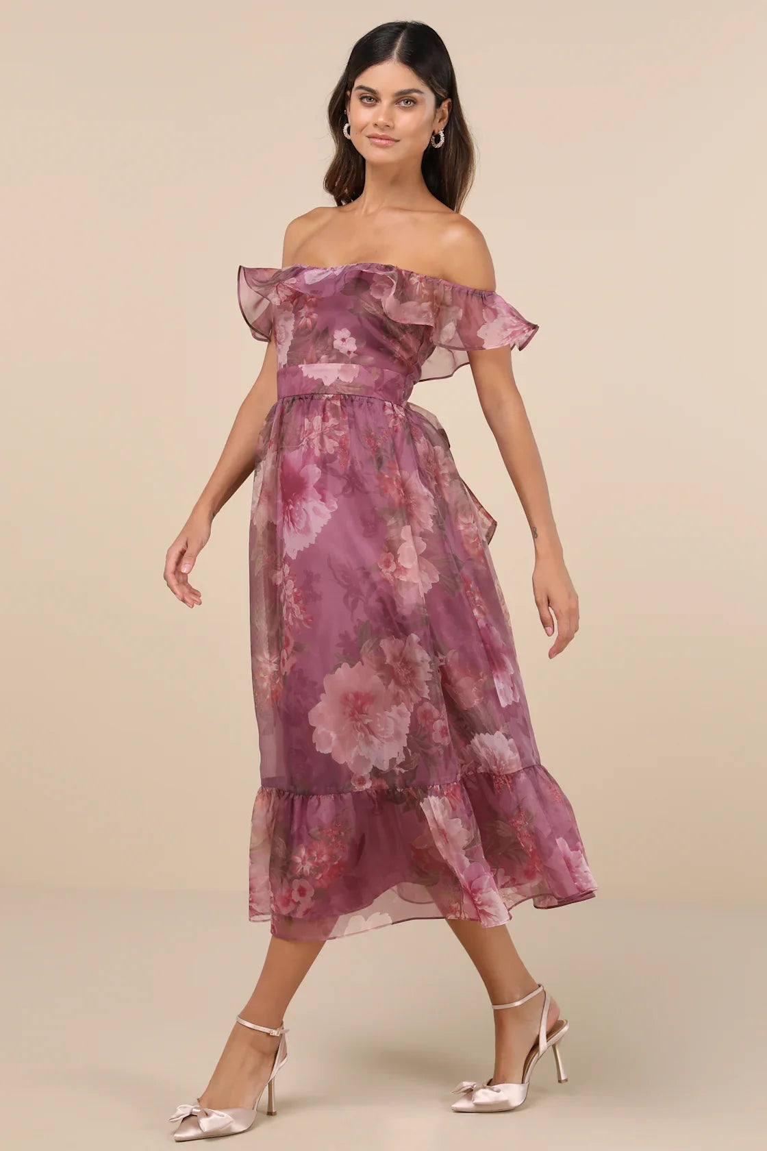 Sweet Composure Plum Floral Organza Off-the-Shoulder Midi Dress