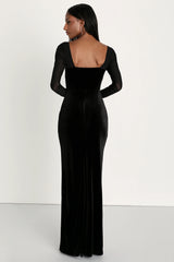 Certifiably Chic Black Velvet Mesh Long Sleeve Maxi Dress