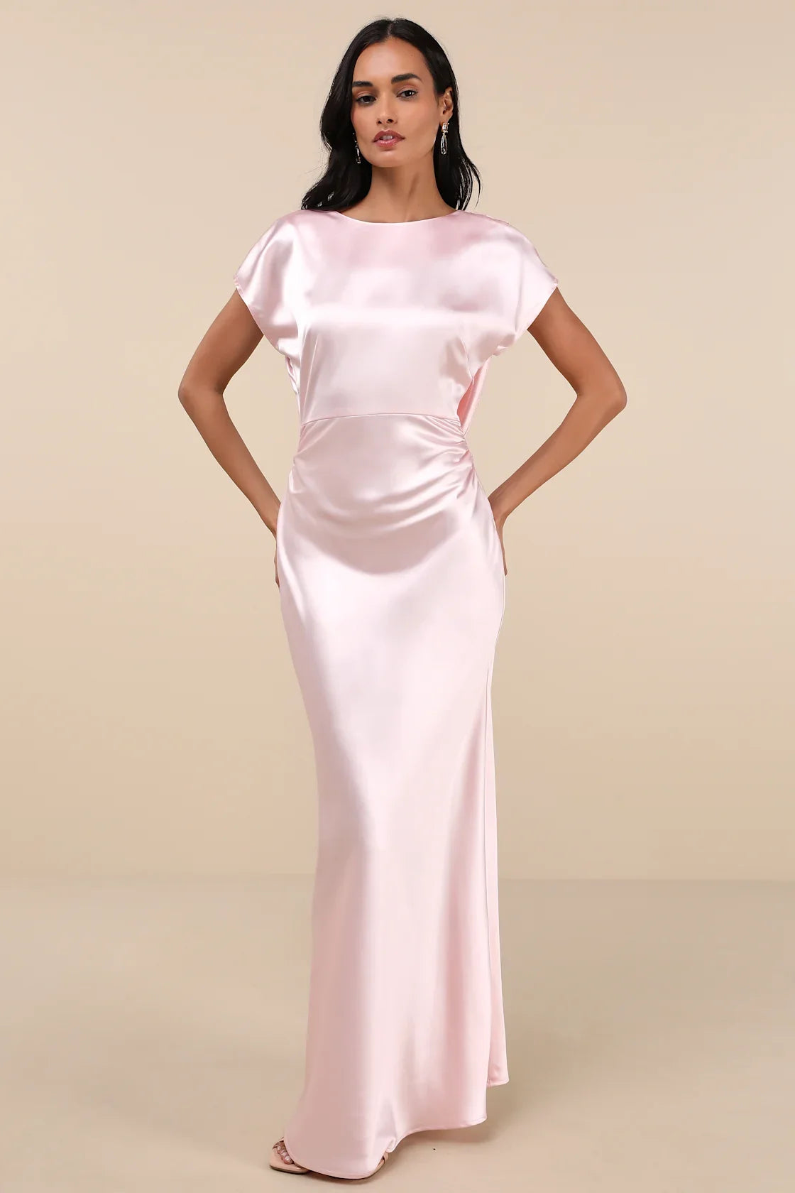 Captivating Presence Blush Pink Satin Cowl Back Maxi Dress