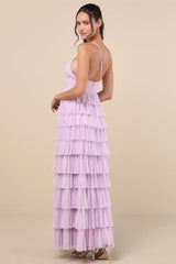 Radiant Event Lavender Mesh Tiered Ruffled Backless Maxi Dress