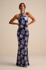 Celestara Navy Floral Velvet Backless Mermaid Maxi Dress
