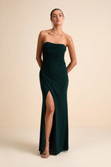 Epitome of Allure Emerald Green Strapless Ruched Tulip Maxi Dres