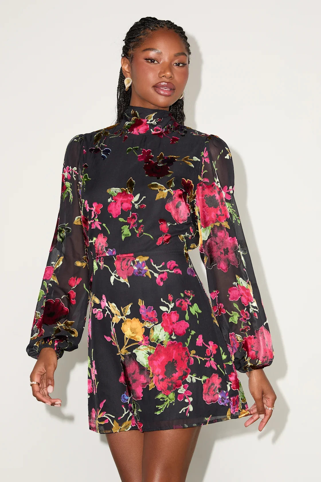 Retina Black Floral Burnout Velvet Backless Mini Dress