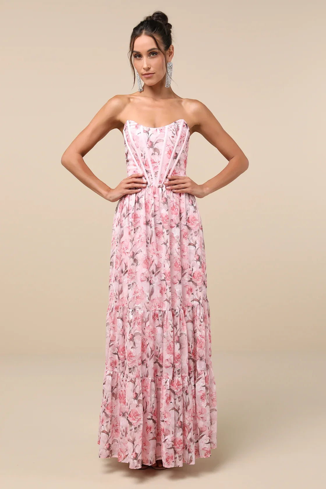 Special Moment Light Blue Floral Strapless Bustier Maxi Dress