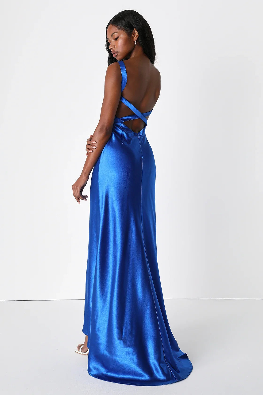 Perfectly Classy Navy Satin Strappy Maxi Dress
