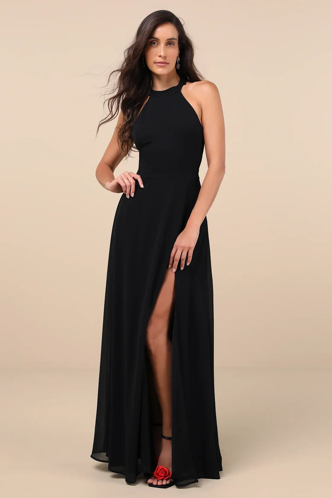 Confidently Charismatic Black Backless Halter Maxi Dress