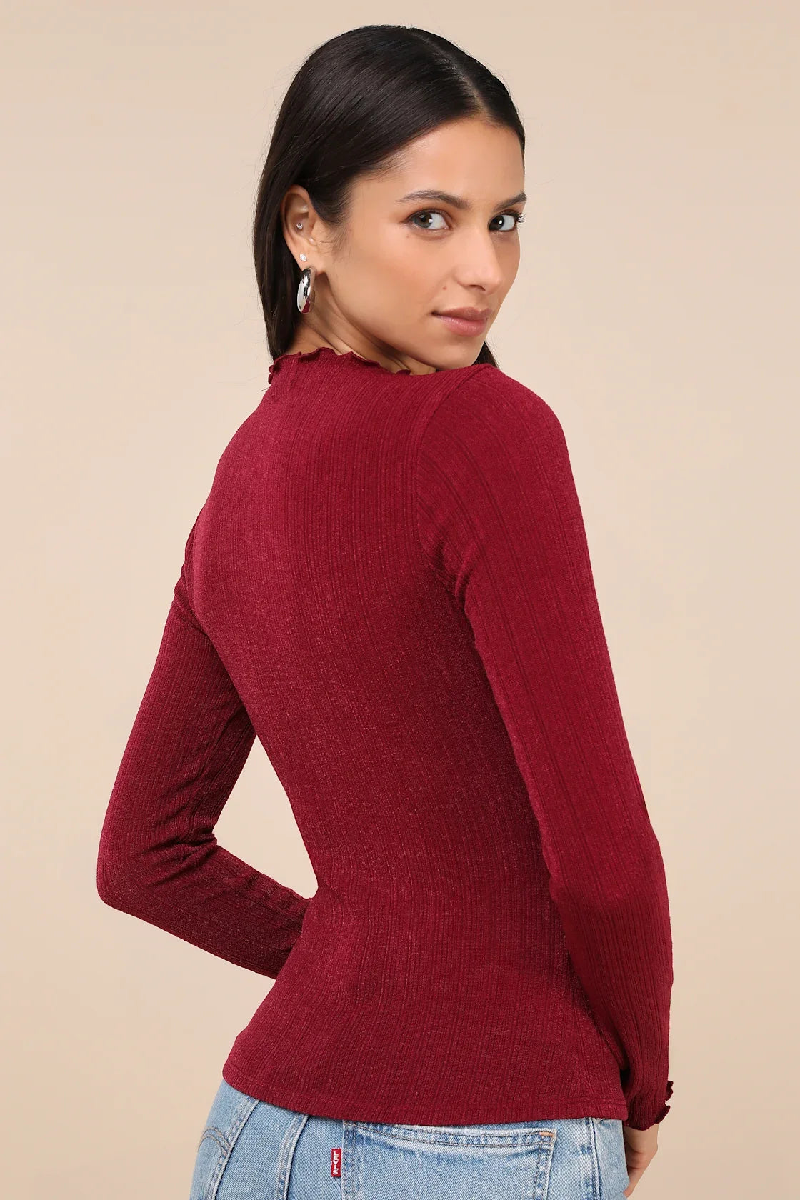 Charmed Vibes Ivory Ribbed Lettuce Edge Long Sleeve Top