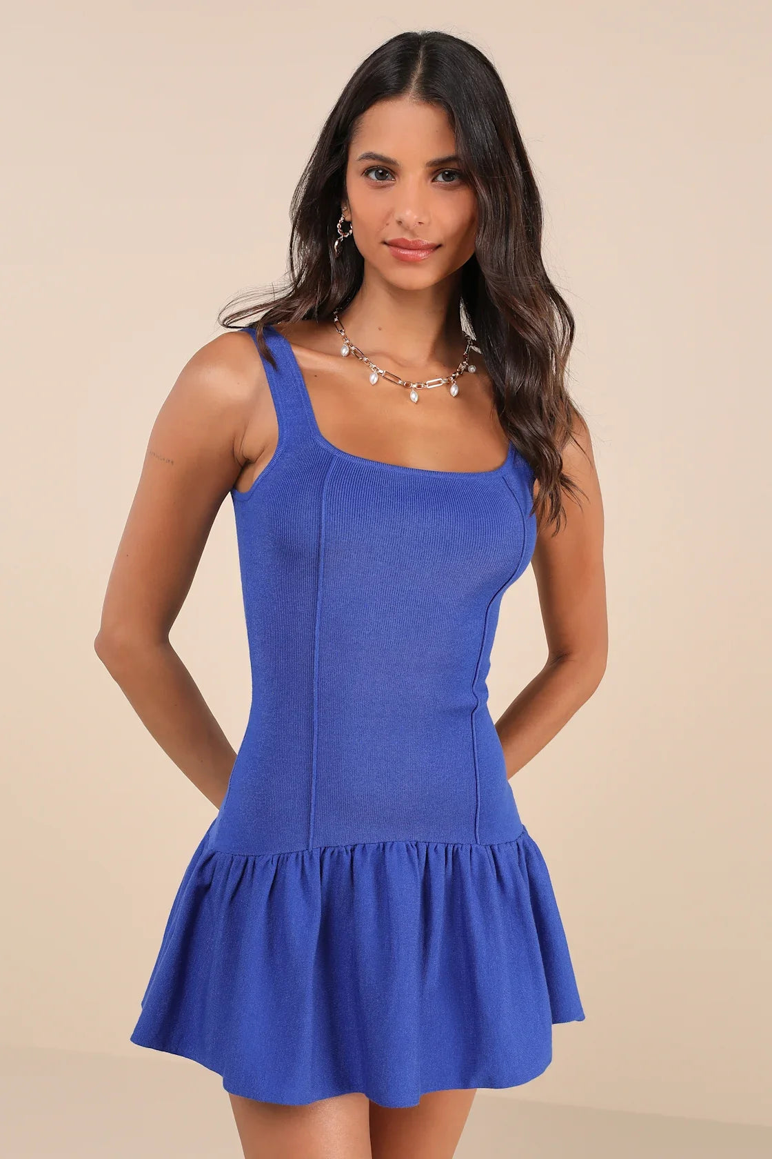 Playful Attitude Blue Sleeveless Seamed Drop-Waist Mini Dress