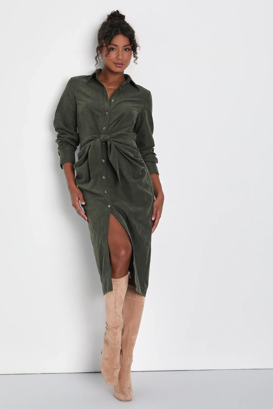 Autumnal Views Tan Suede Button-Up Tie-Front Midi Dress