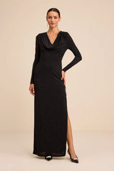Rhodria Black Rhinestone Cowl Long Sleeve Maxi Dress