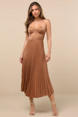Irelyn Light Brown Satin Bustier Midi Dress