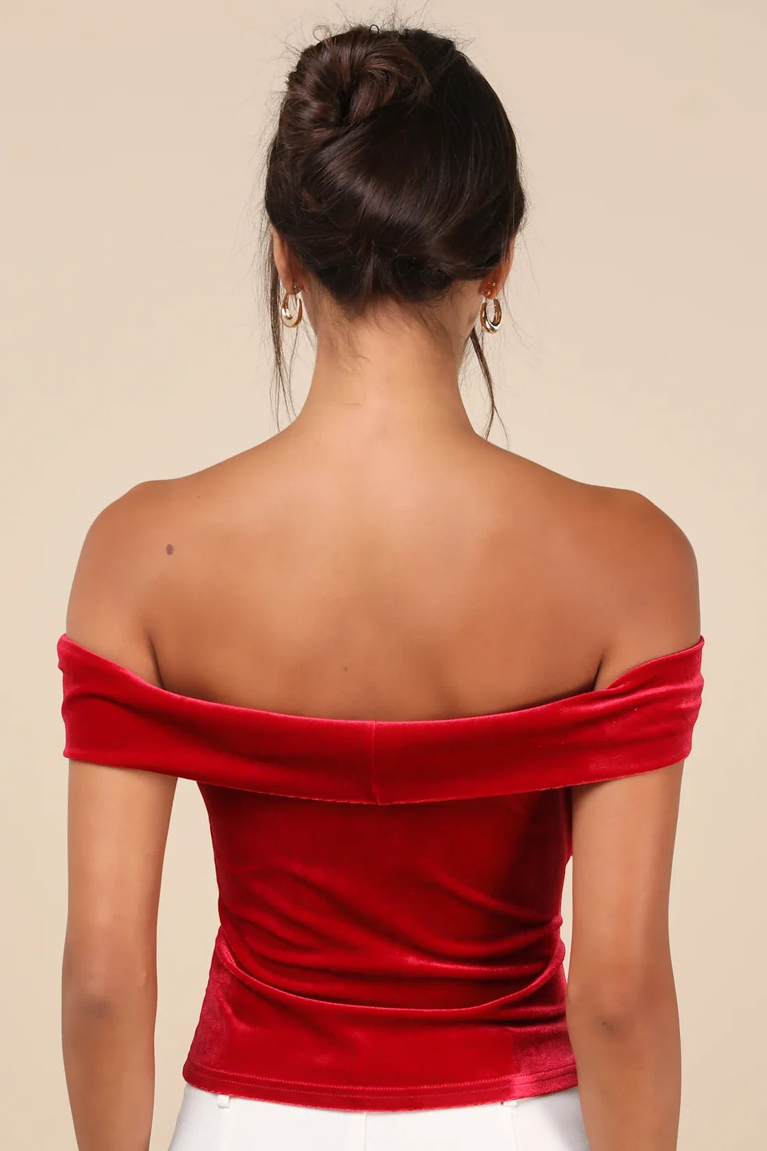 Ideal Attraction Red Velvet Off-the-Shoulder Top