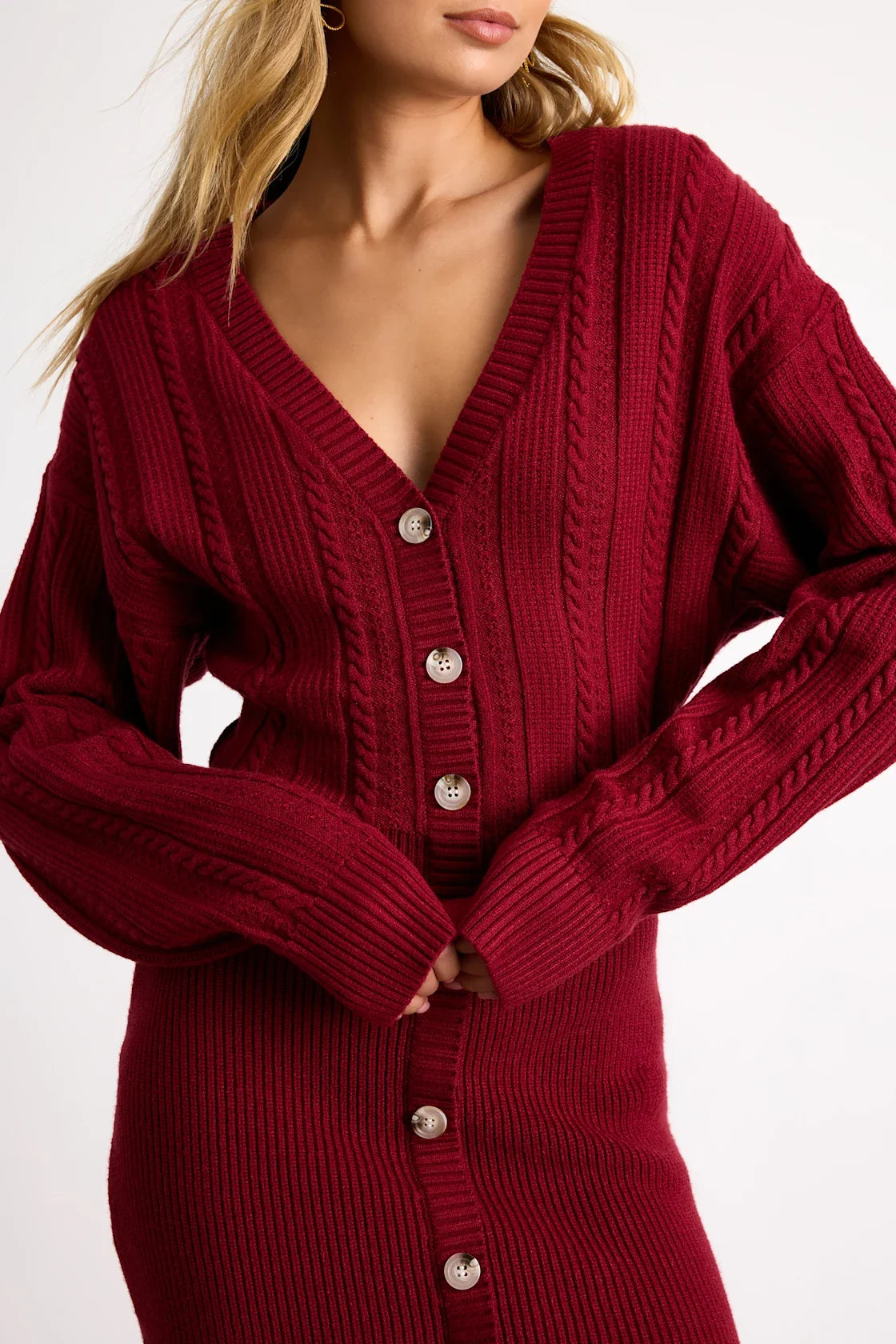 Bowyn Ivory Cable Knit Button-Front Sweater Mini Dress
