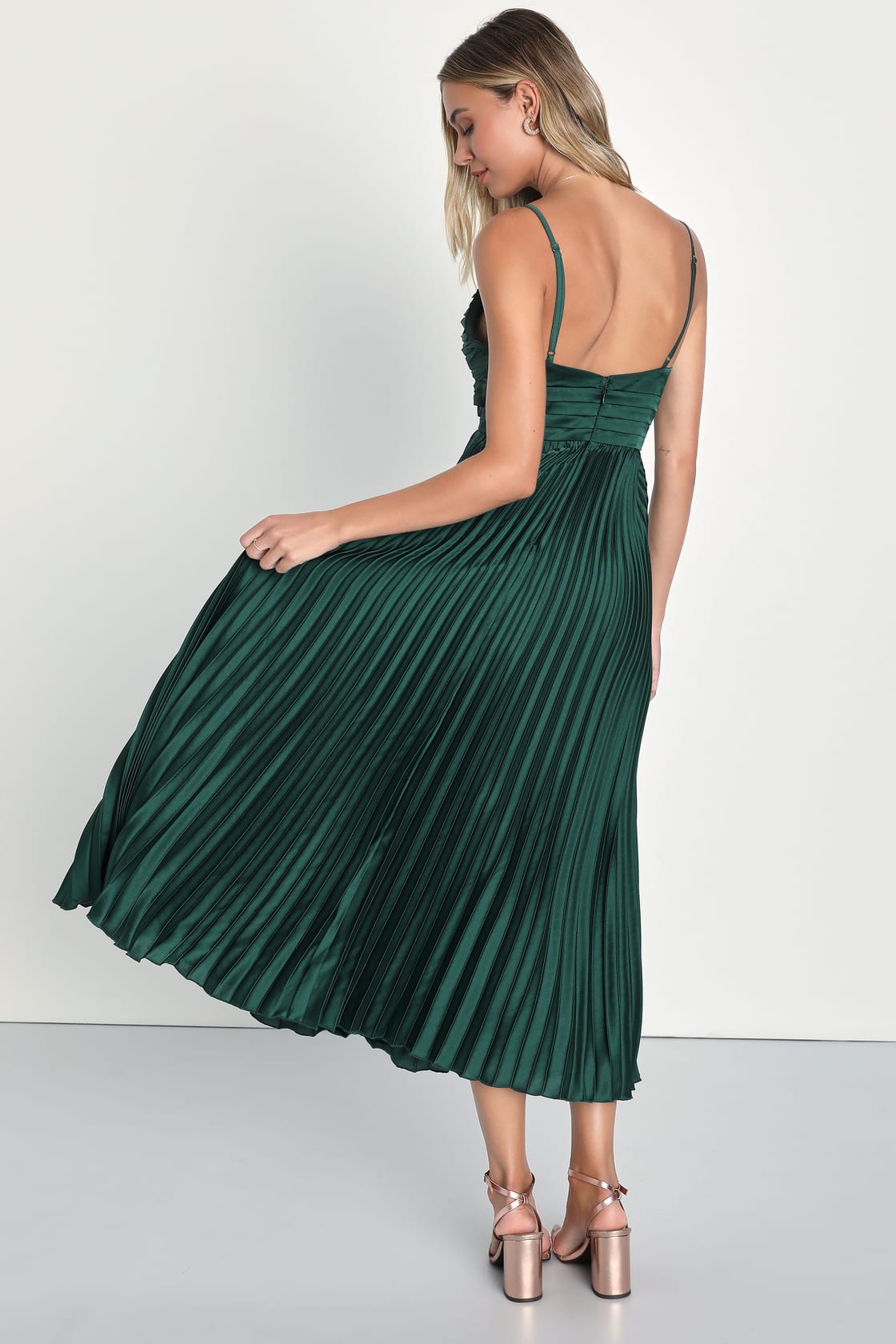 Fabulous Perfection Navy Blue Satin Pleated Midi Dress