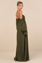 Glorious Invite Olive Green Knotted Off-the-Shoulder Maxi Dress