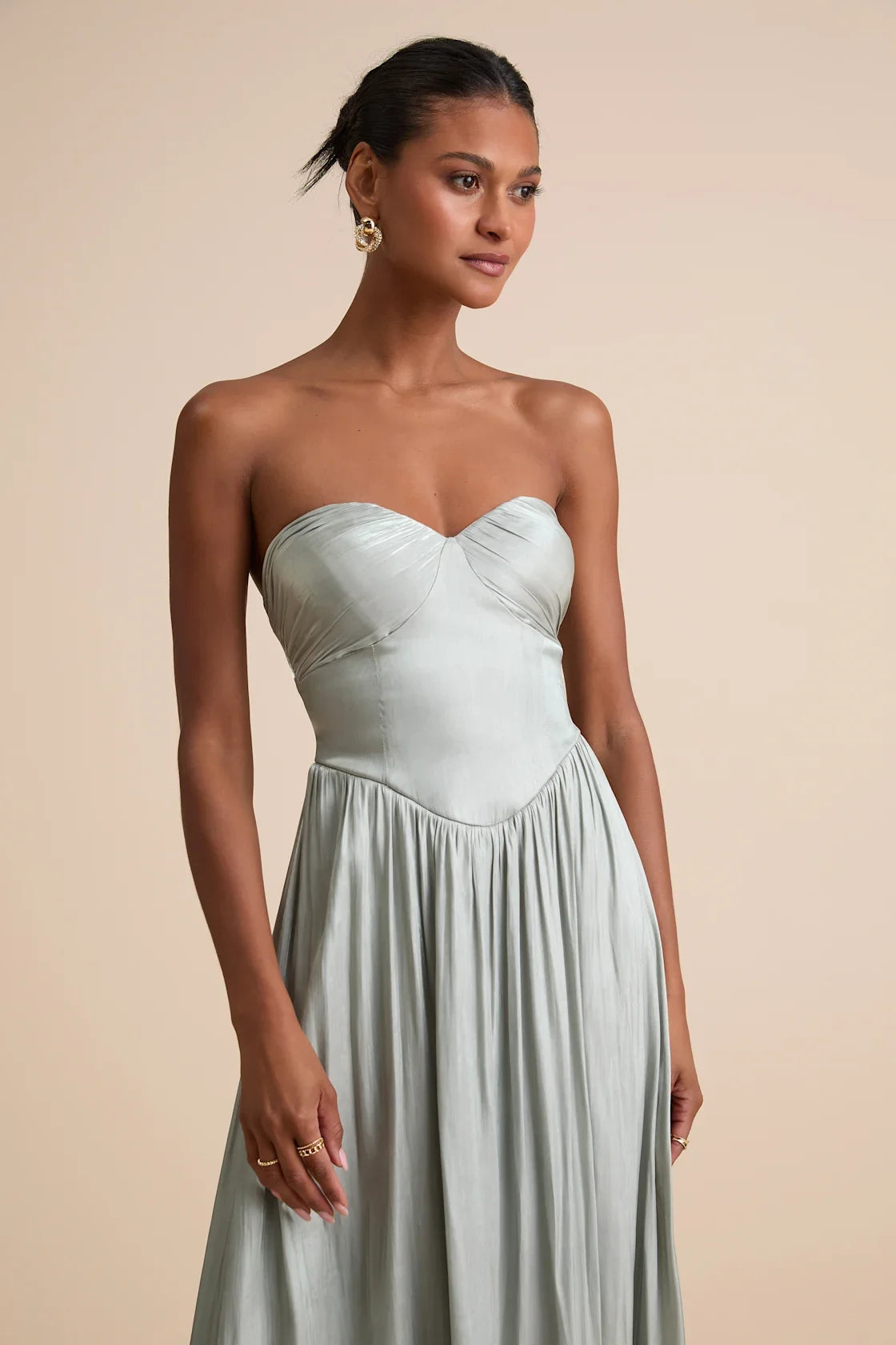 Kylin Sage Satin Basque Waist Maxi Dress