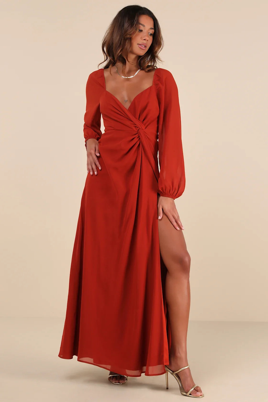 Composed Soiree White Twist-Front Long Sleeve Maxi Dress