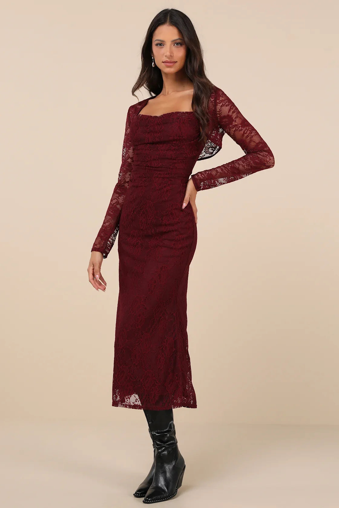 Certainly Iconic Burgundy Lace Midi Dress and Shrug Set