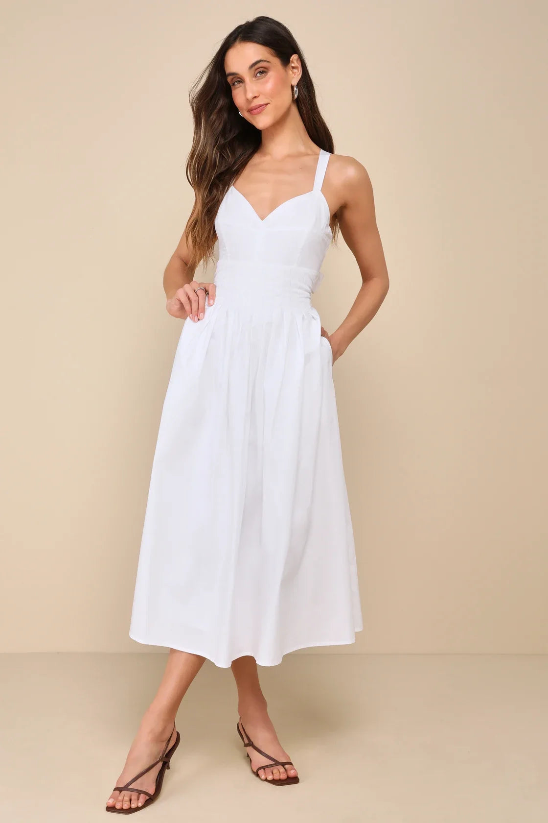 Strolling Sicily White Pleated Backless Midi Dress With Pockets