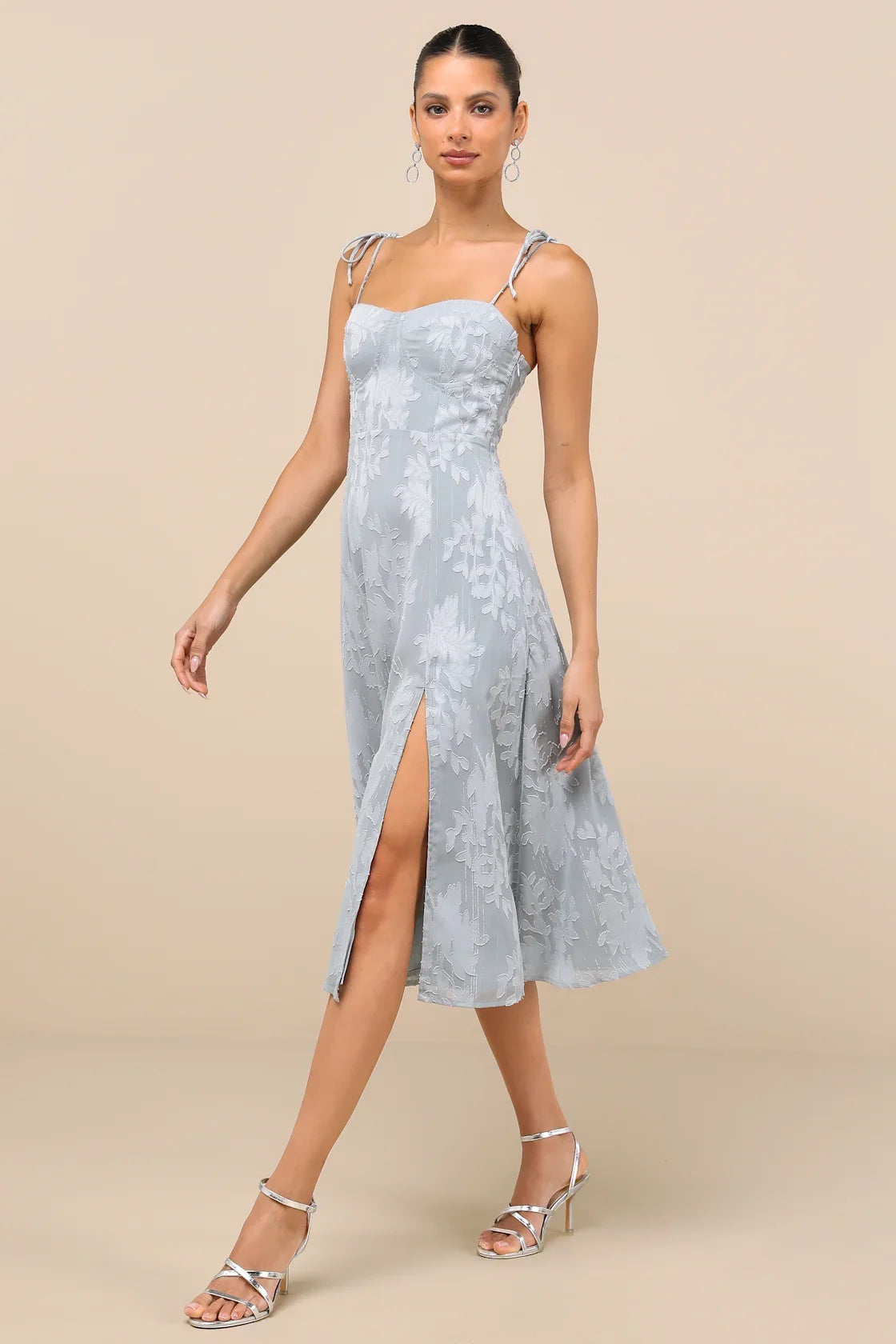 Loveliest Looks Navy Blue Floral Jacquard Tie-Strap Midi Dress