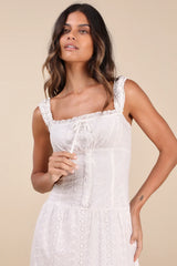 Nerissa White Eyelet Embroidered Ruffled Drop Waist Midi Dress
