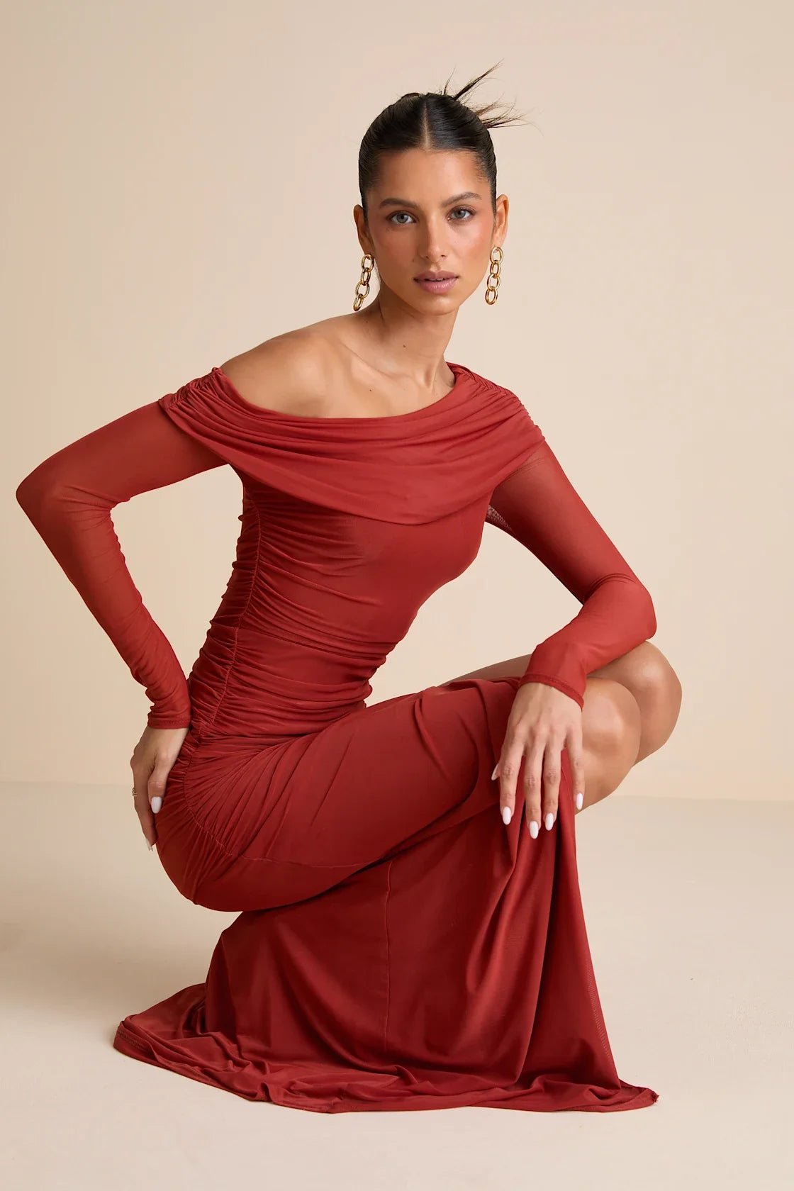 Darla Rust Red Mesh One-Shoulder Long Sleeve Maxi Dress