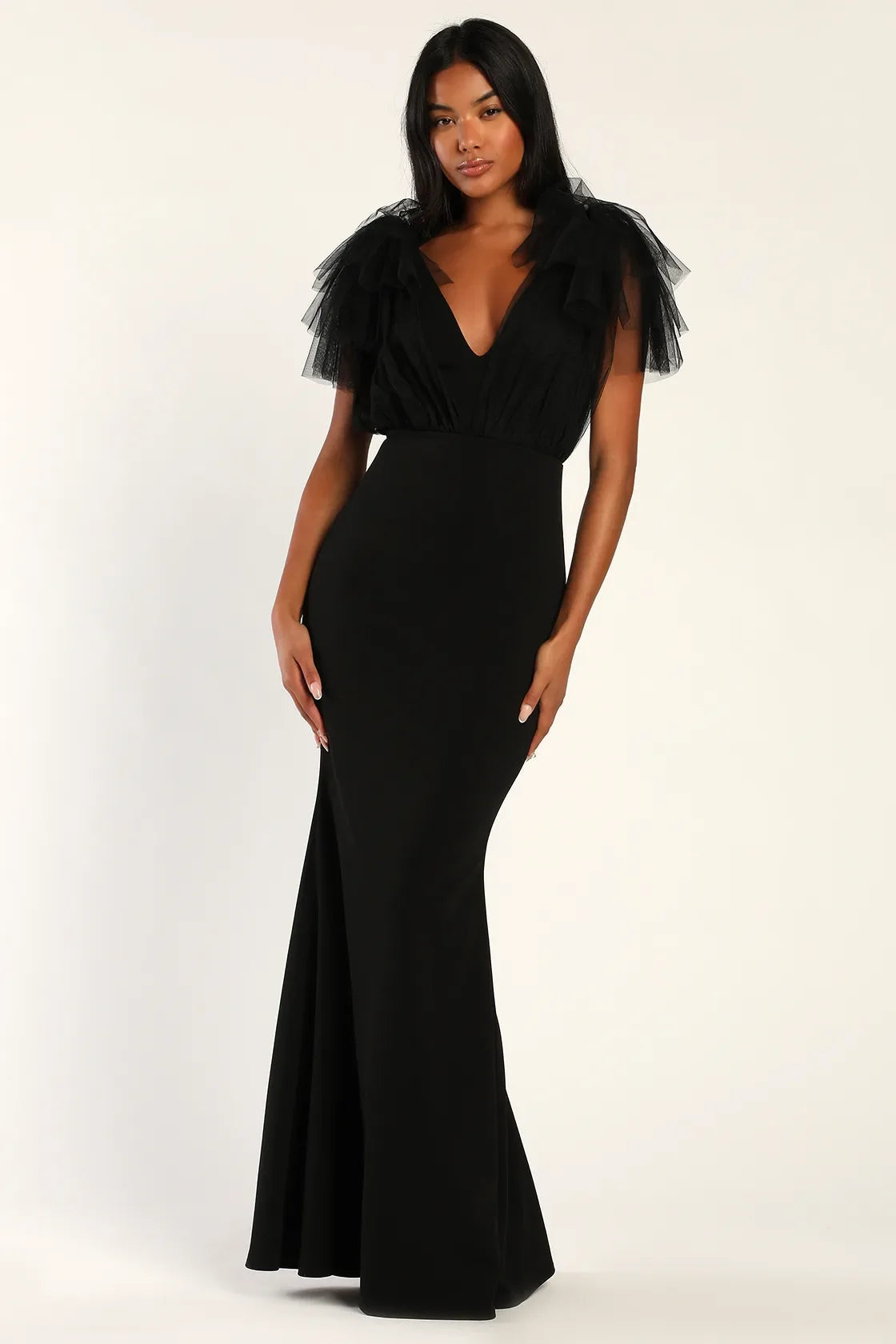 Fabulous Fun Black Tulle Flutter Sleeve Mermaid Maxi Dress