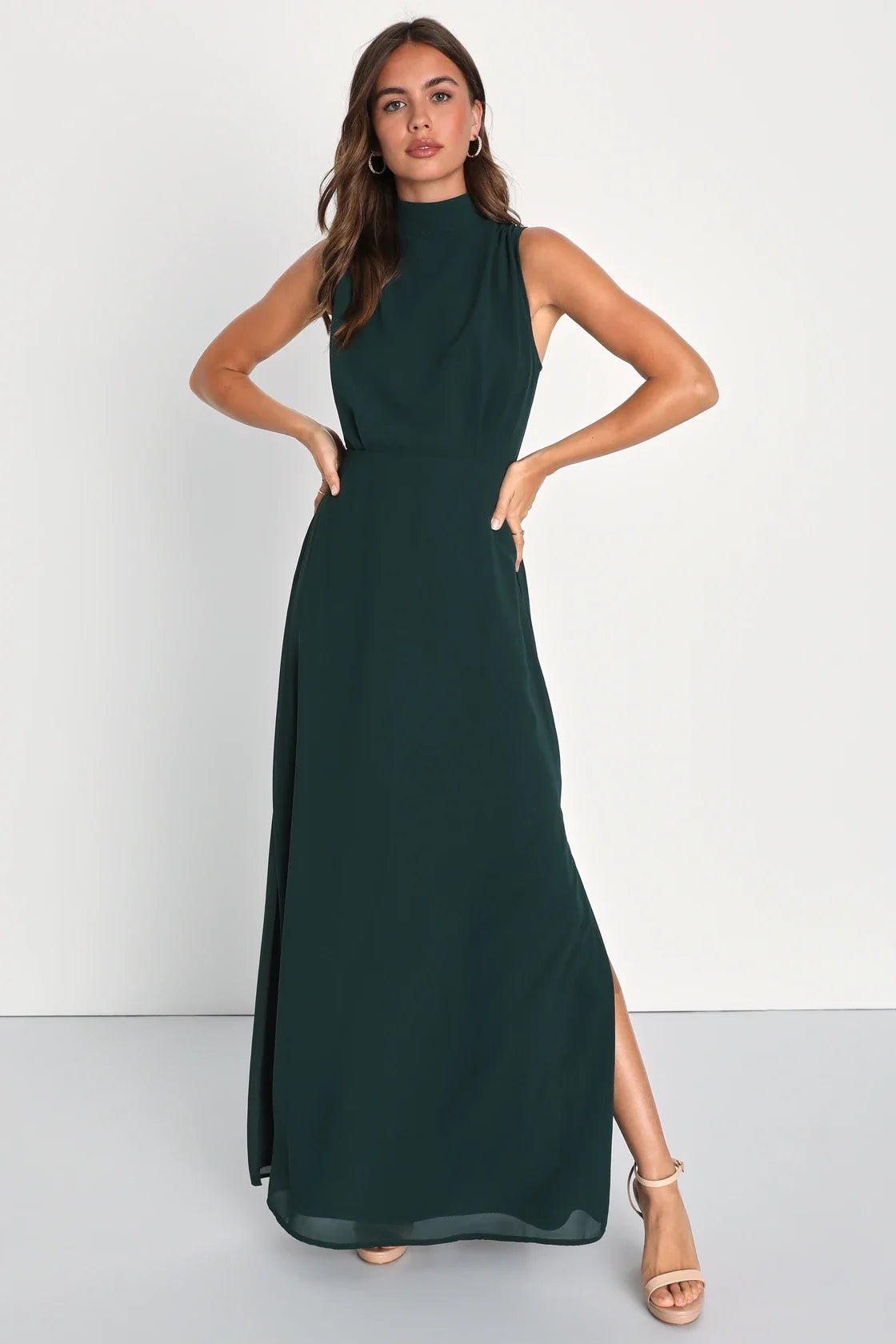 Classic Elegance Rusty Rose Sleeveless Mock Neck Maxi Dress