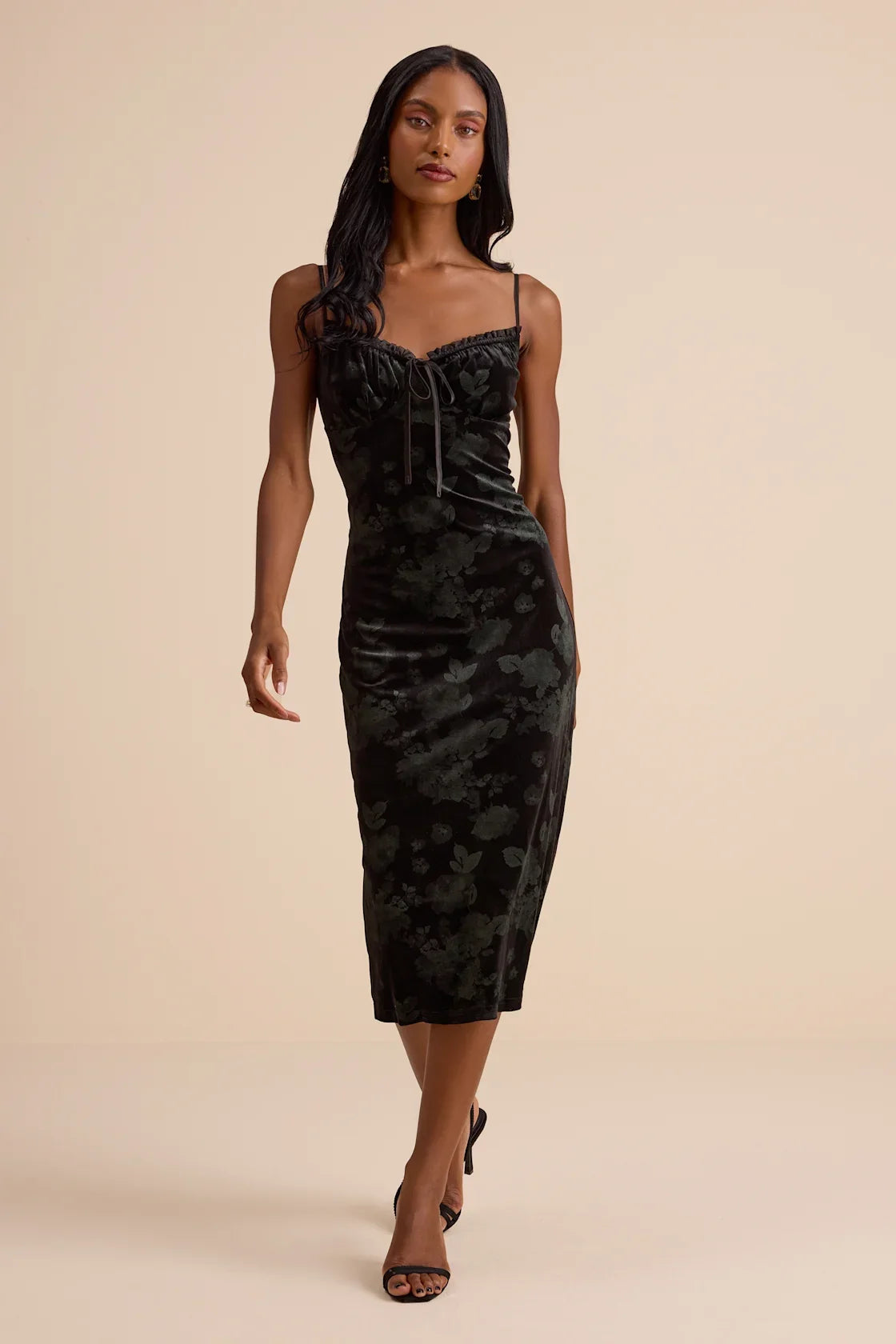 Areti Black Velvet Burnout Column Midi Dress
