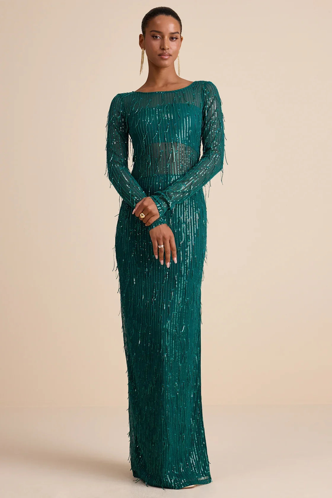 Sheer Fascination Emerald Sheer Mesh Sequin Fringe Maxi Dress