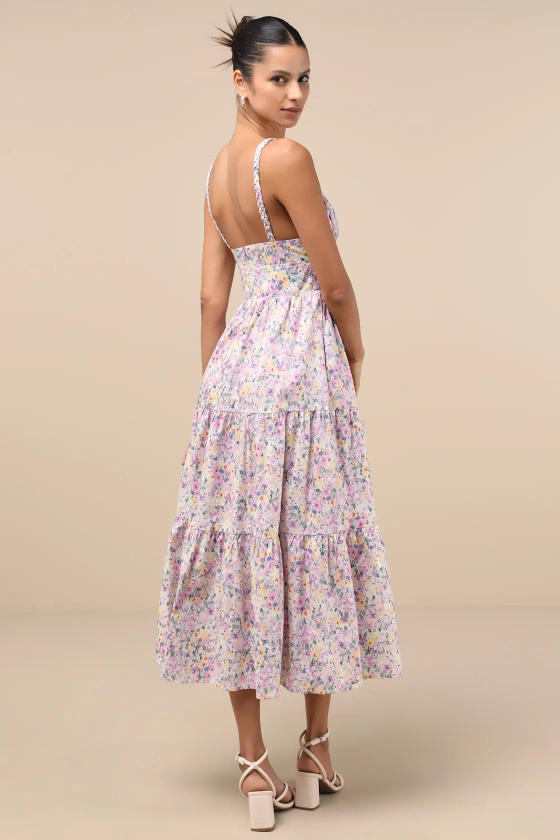 Brightly Blossoming Pink Multi Floral Tiered Midi Dress