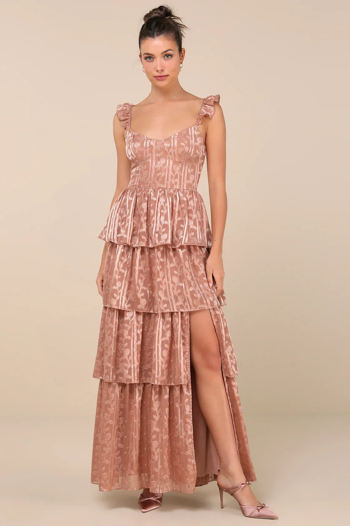 Stunning Glory Navy Blue Floral Jacquard Tiered Maxi Dress