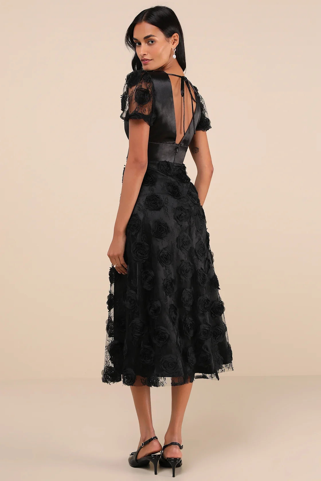 Gorgeous Elevation White Lace Rosette Puff Sleeve Midi Dress