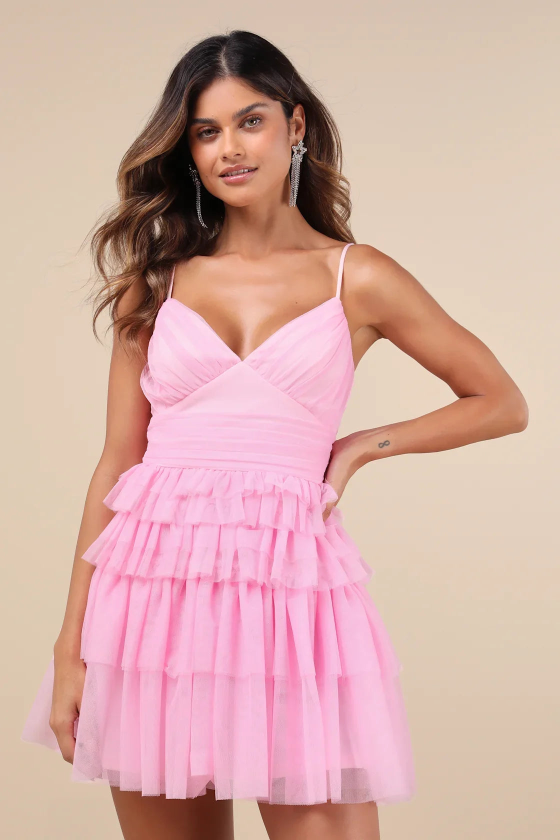 Special Poise White Tulle Pleated Sleeveless Tiered Mini Dress