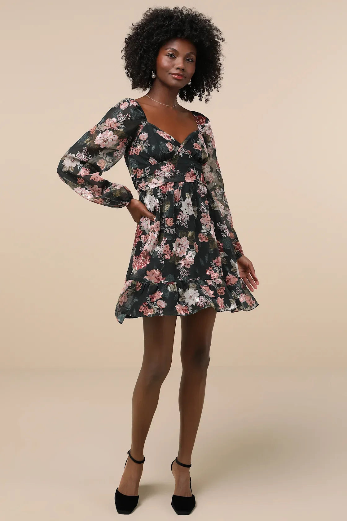 Truly Adorable Green Floral Burnout Balloon Sleeve Mini Dress
