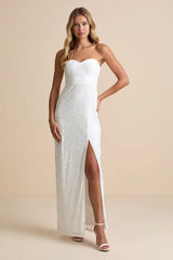 Exquisite White Velvet Burnout Strapless Maxi Dress