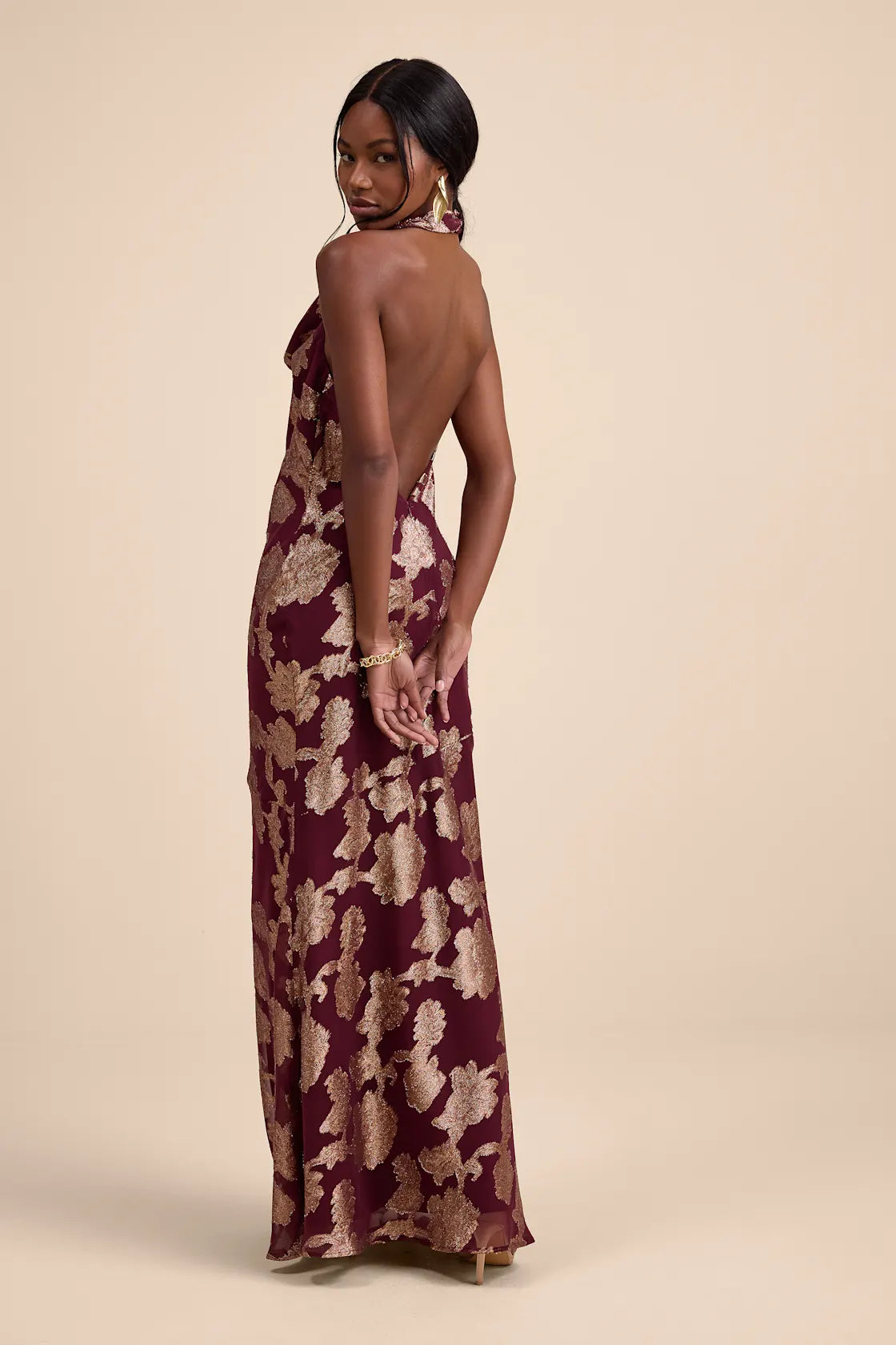 Kayleena Burgundy Sequin Rosette Tie-Back Shift Dress