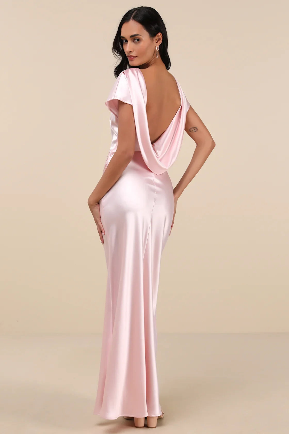 Captivating Presence Blush Pink Satin Cowl Back Maxi Dress