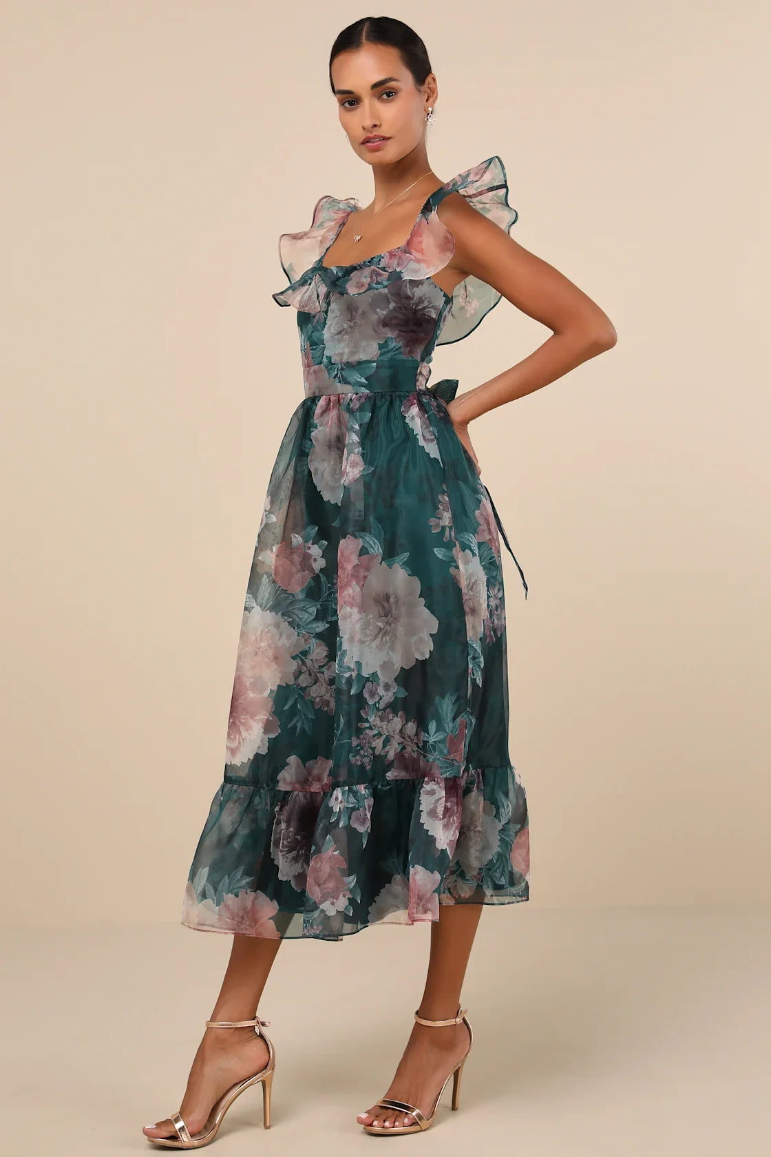 Sweet Composure Plum Floral Organza Off-the-Shoulder Midi Dress