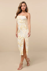 Kattalin Cream Floral Applique Strapless Midi Dress