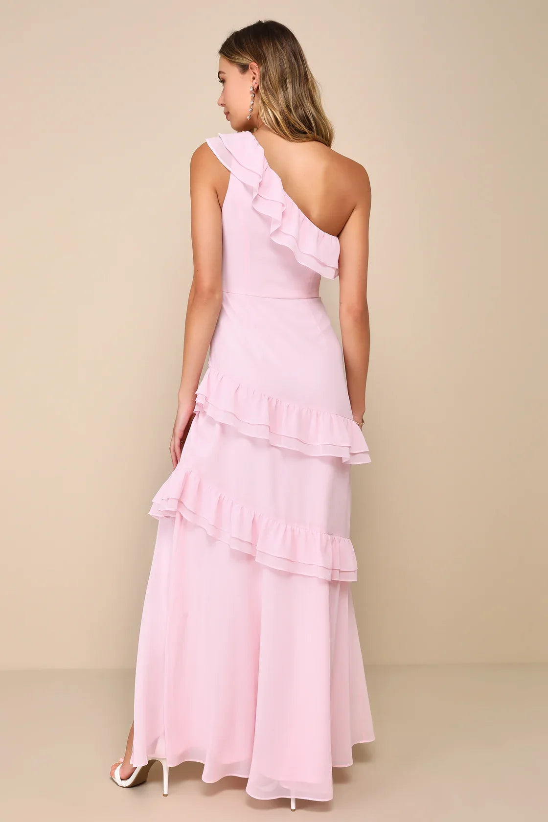 Brilliant Grace Light Pink Ruffled One-Shoulder Maxi Dress