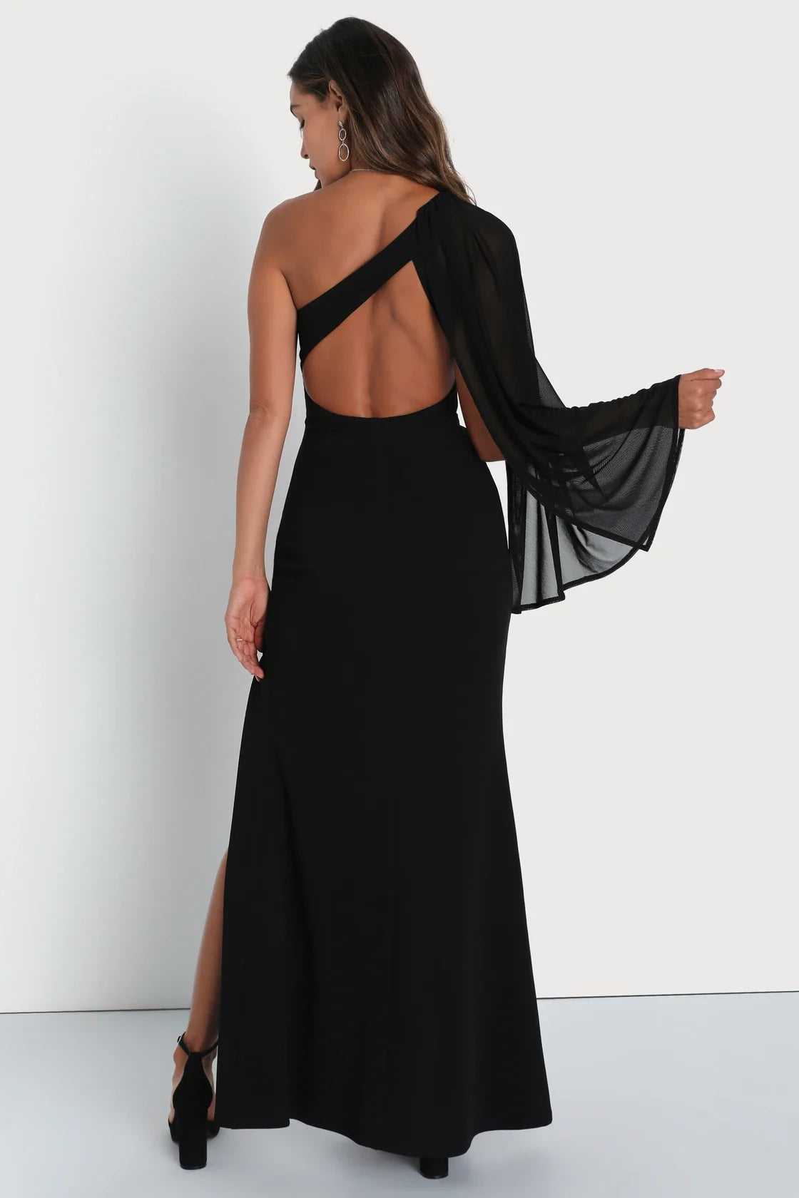 Majestic Attitude White Cape Sleeve One-Shoulder Maxi Dress