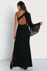 Majestic Attitude White Cape Sleeve One-Shoulder Maxi Dress